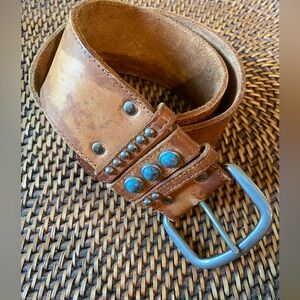 Vintage Western Tan Leather Belt Silver Buckle Turquoise and sterling studs